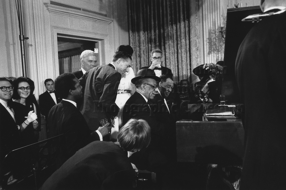 Photo by Milt Hinton<br>
© Milton J. Hinton<br>
Photographic Collection <br>
<b class="captionn">Willie “The Lion” Smith and Duke Ellington at the piano, Duke's 70th birthday party, The White House, Washington, D.C., 1969</b>